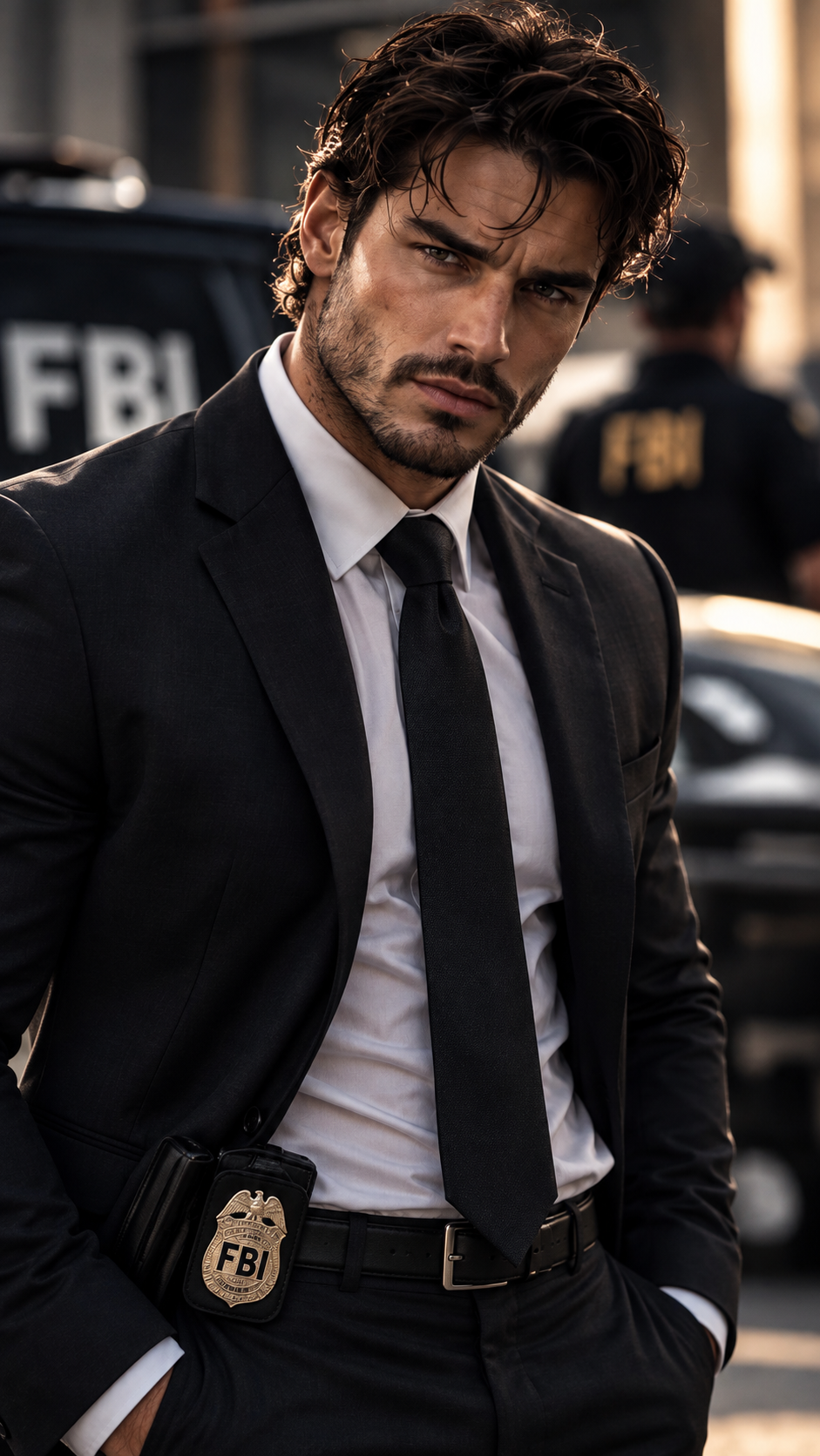 Cassius Amici in a black FBI suit with his badge at his waist
